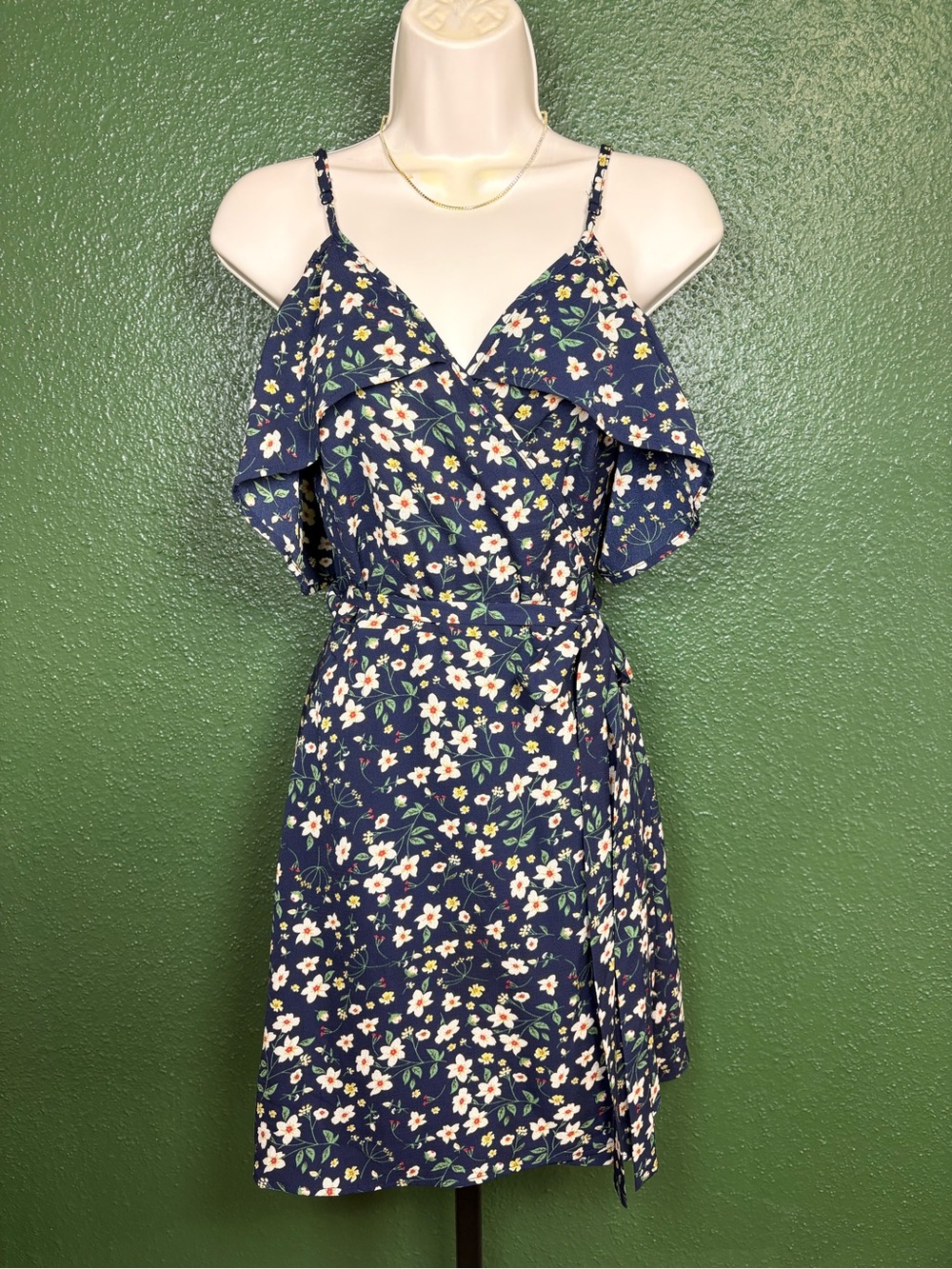 Navy Floral Wrap Vacation Sundress with Ruffle Straps